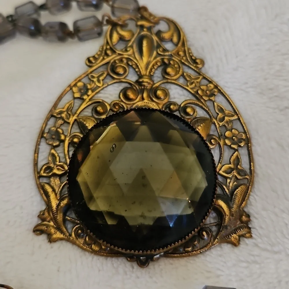 Antique Floral Repousse Czech Crystal Pendant Beaded Choker Necklace